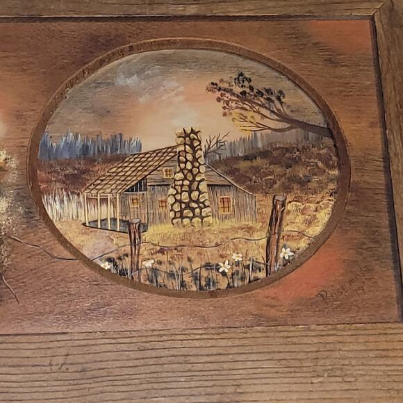 Vtg 70 Rustic Carved Framed Cabin Farmhouse Landscape Artist Signed Oil Painting - Picture 3 of 8